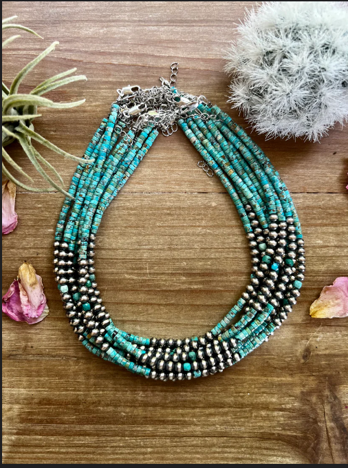 5 mm Sterling Silver Pearls choker with real turquoise