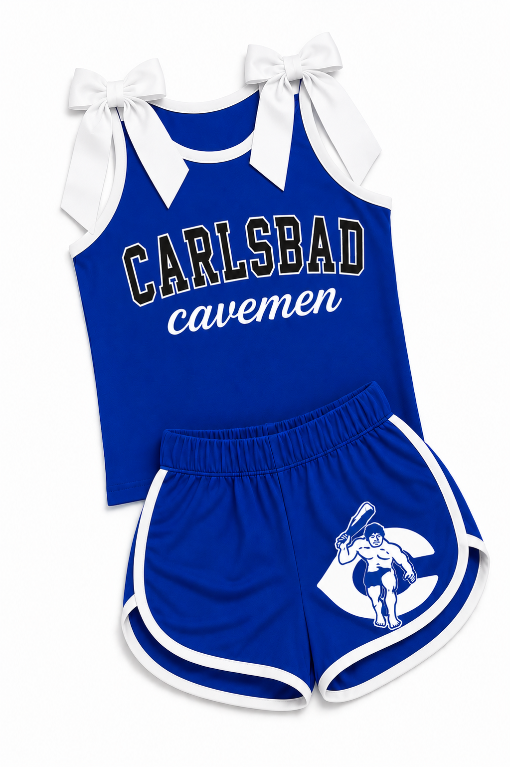 Pre-Order-Bowtie Tank & Shorts Cheer Set Cavemen Blue and White