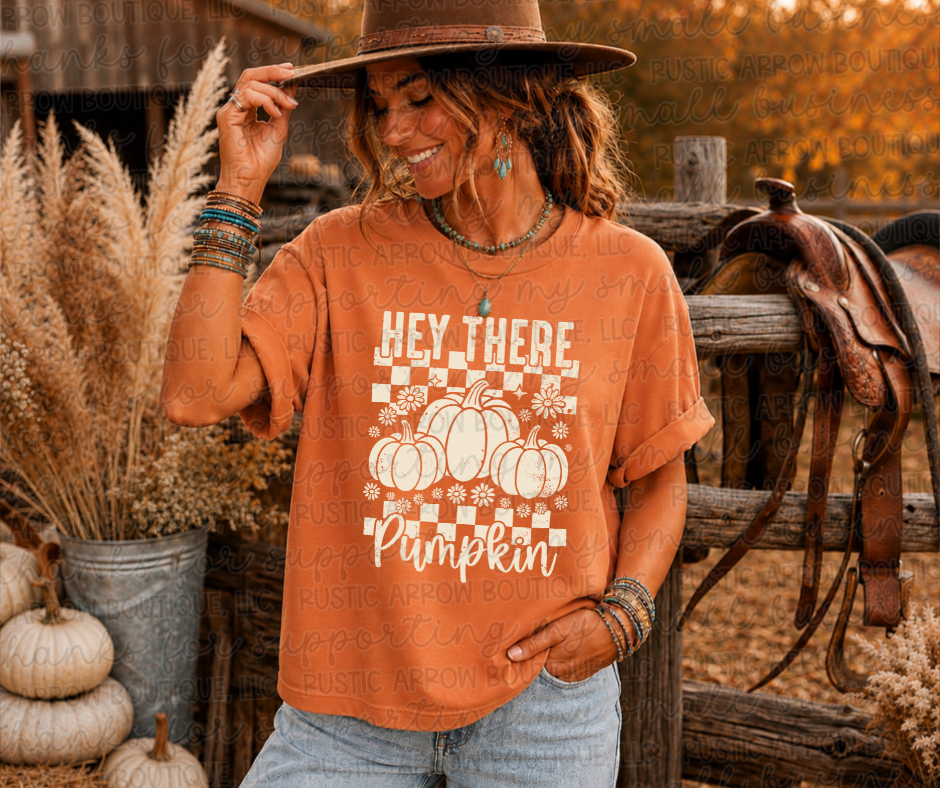 Checkered Distressed Hey There Pumpkin