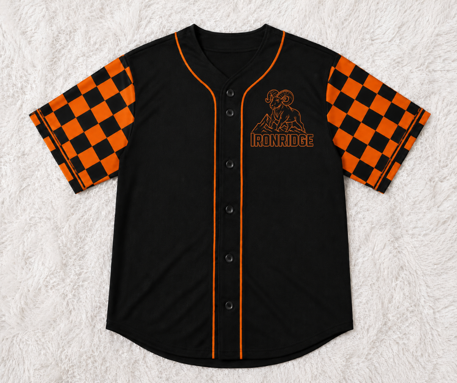 Pre-Order Baseball Shirt Ironridge Black Jersey, Orange and Black Sleeves