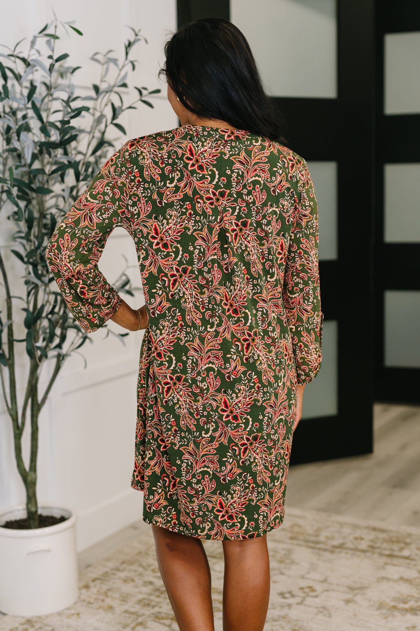 Lizzy Long Sleeve Dress in Olive Paisley