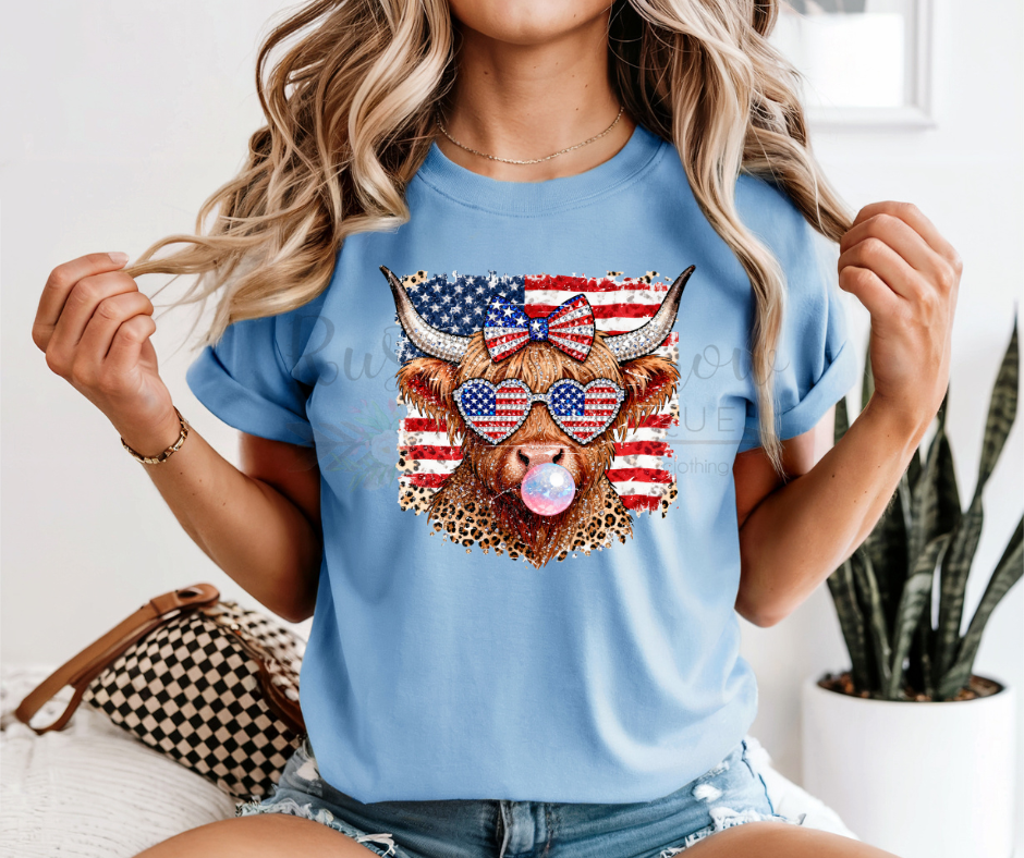 Patriotic Highland Cow with Flag-Adult
