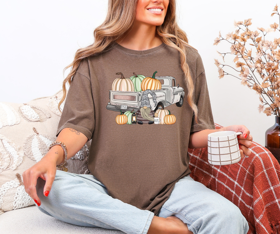 Pumpkins with truck and gnome