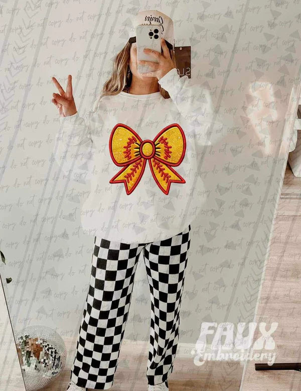 Softball bow faux embroidery
