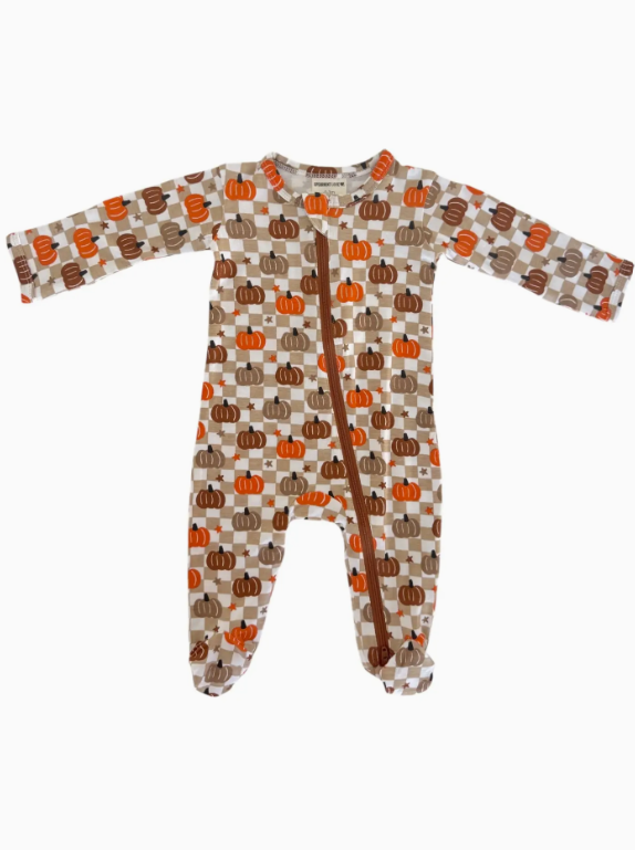 2-Way Zip Footie, Pumpkin Checkerboard