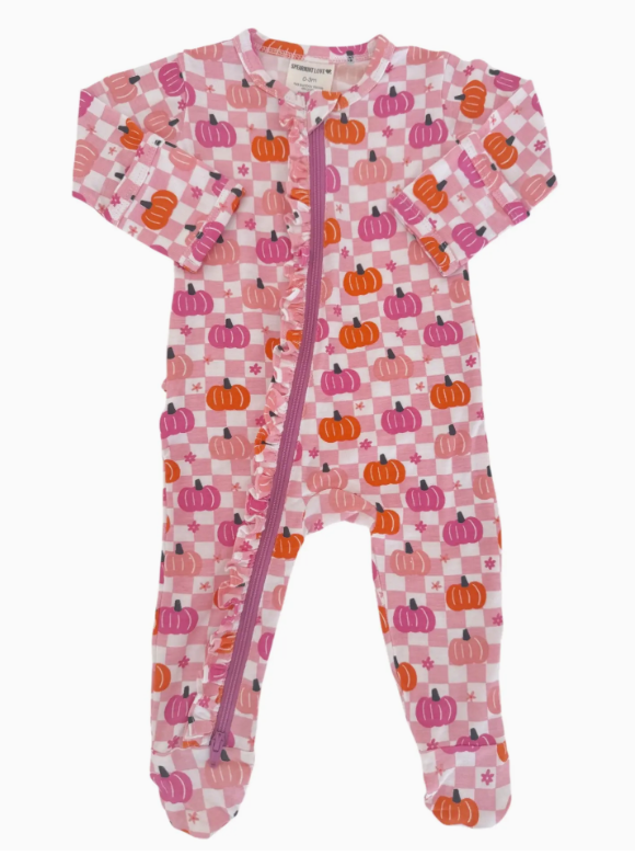 2-Way Zip Ruffle Footie, Pumpkin Checkerboard Pink