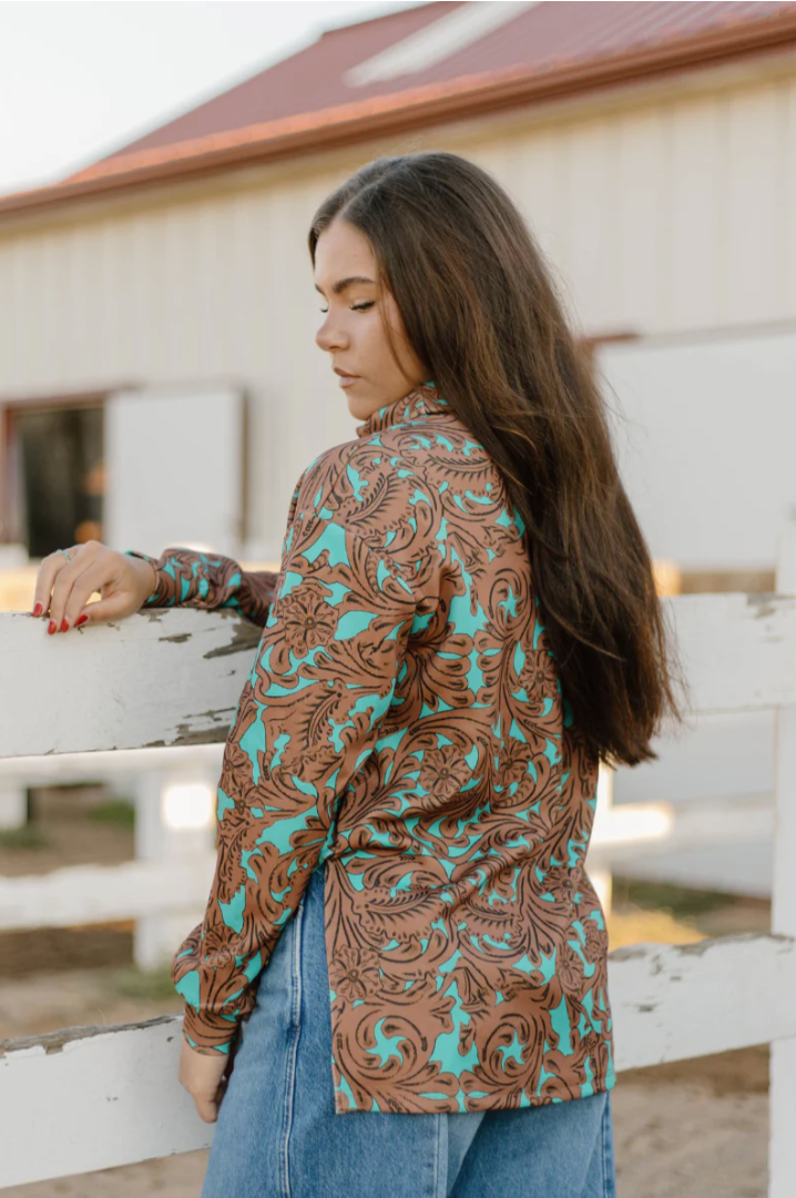 Turquoise Tooled mock neck