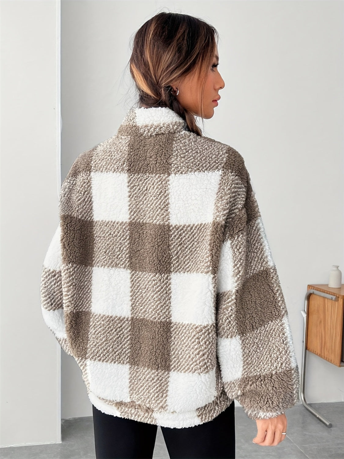 Plaid Half Zip Long Sleeve Teddy Sweatshirt