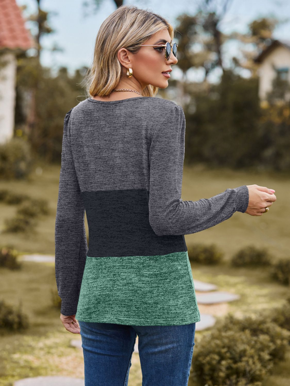 Color Block Square Neck Long Sleeve T-Shirt