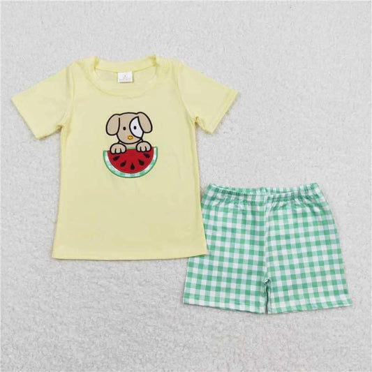 Yellow Puppy Watermelon Top W/ Green Plaid Shorts