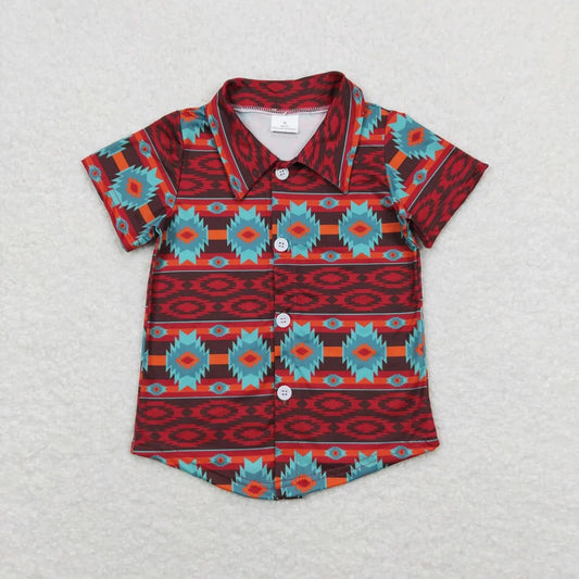 Red/Teal/Copper Aztec Button Up Top