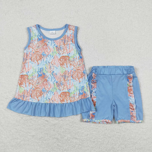 Sleeveless Blue Leafy Coral Tank + Shorts
