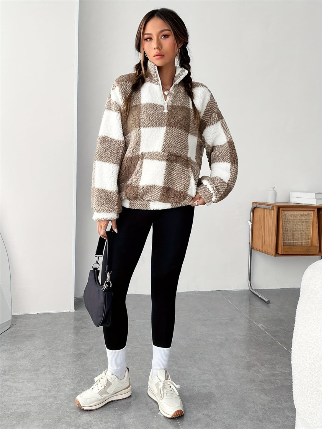 Plaid Half Zip Long Sleeve Teddy Sweatshirt