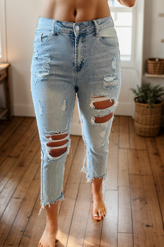 Light Wash Distressed Straight Leg Denim