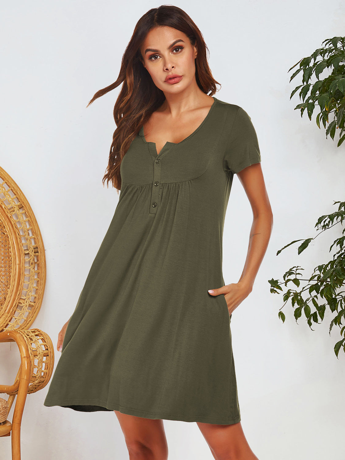 Notched Short Sleeve Mini Lounge Dress