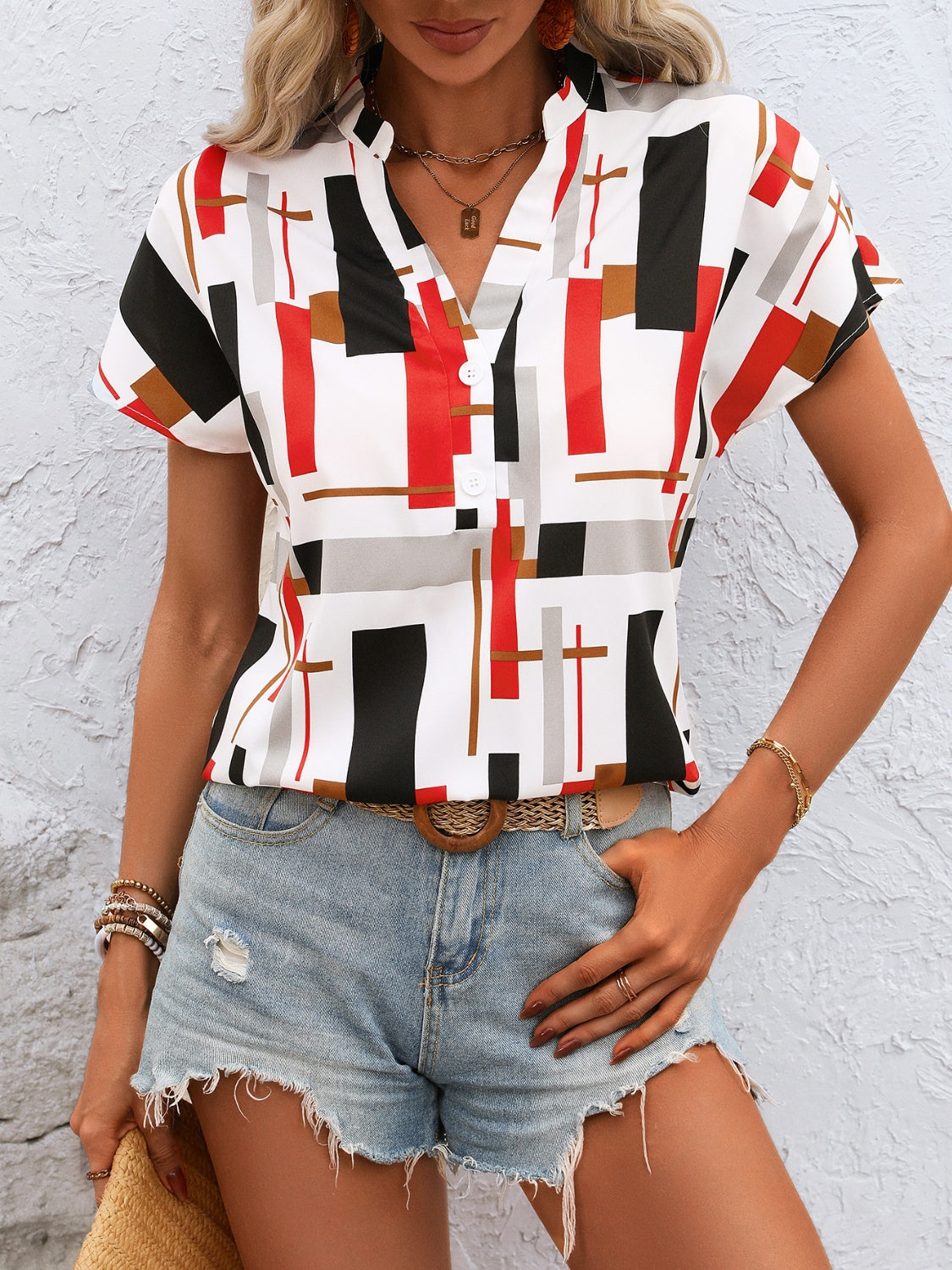 Printed Notched Short Sleeve Blouse