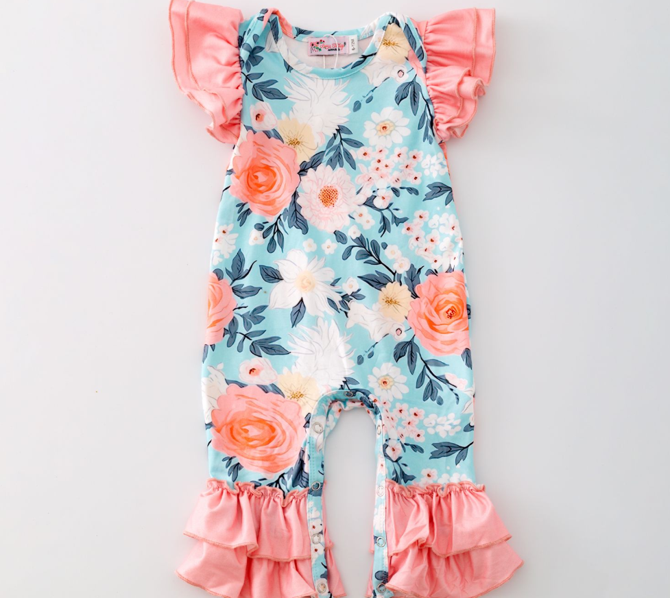 Aqua Peachy Petals Baby Romper