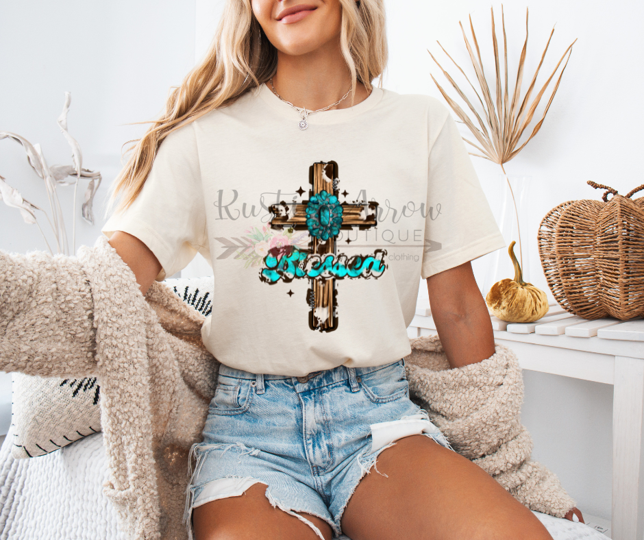 Blessed Cow Print and Turquoise Cross