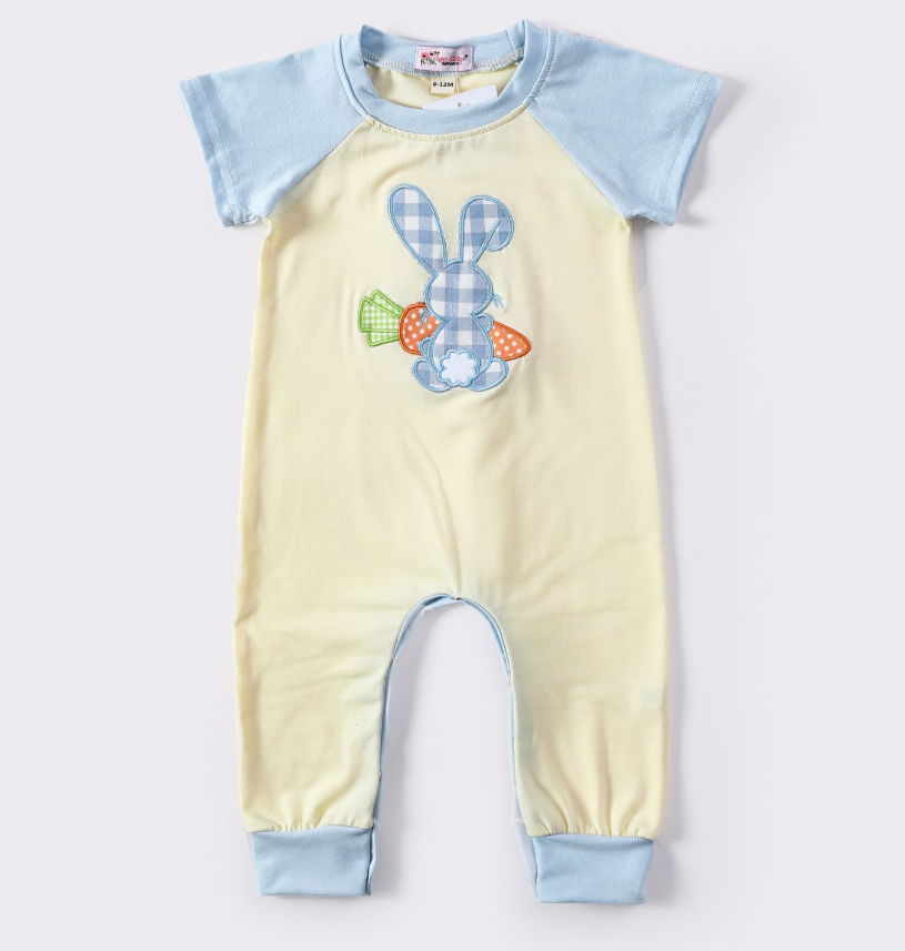 Blue Plaid Bunny Boy Romper - Embroidery