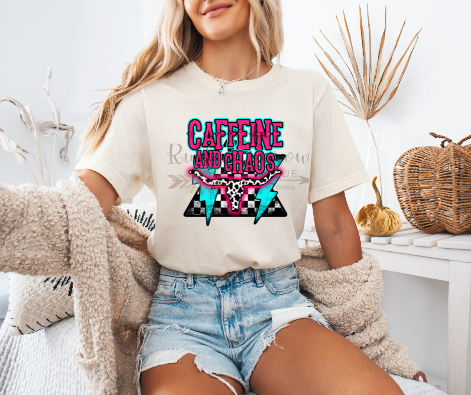 Caffine and Chaos with Checkered Print and Lightening Bolts