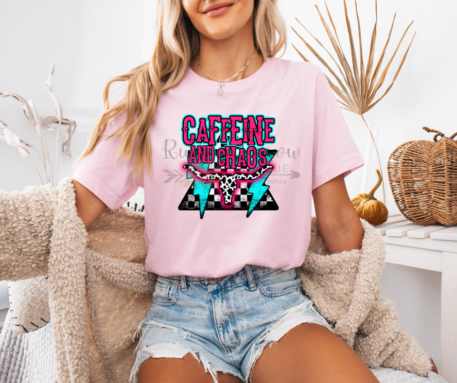 Caffine and Chaos with Checkered Print and Lightening Bolts