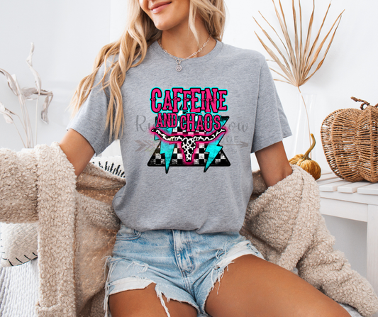 Caffine and Chaos with Checkered Print and Lightening Bolts