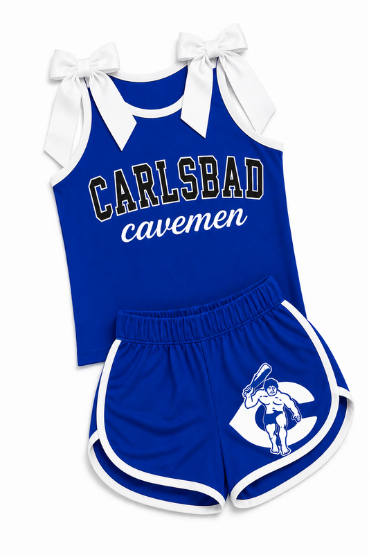 Pre-Order-Bowtie Tank & Shorts Cheer Set Cavemen Blue and White