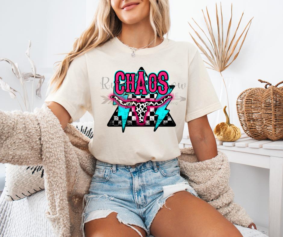 Chaos with Checkered Print and Lightening Bolts