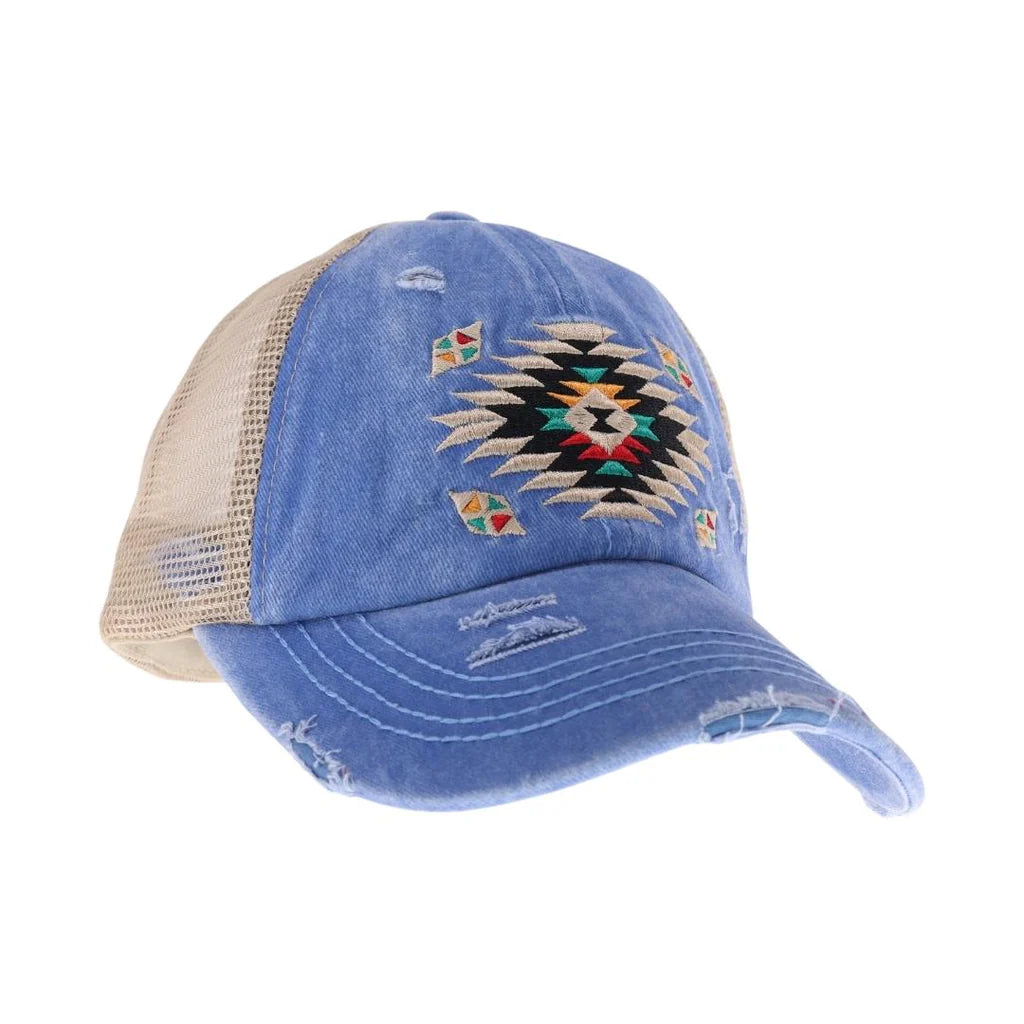 Distressed Aztec Patch Criss Cross High Pony C.C Ball Cap BT1018