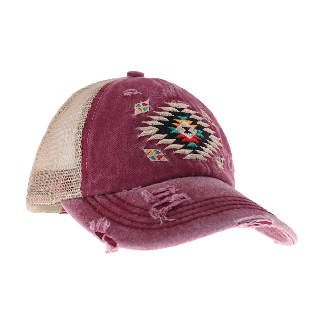 Distressed Aztec Patch Criss Cross High Pony C.C Ball Cap BT1018