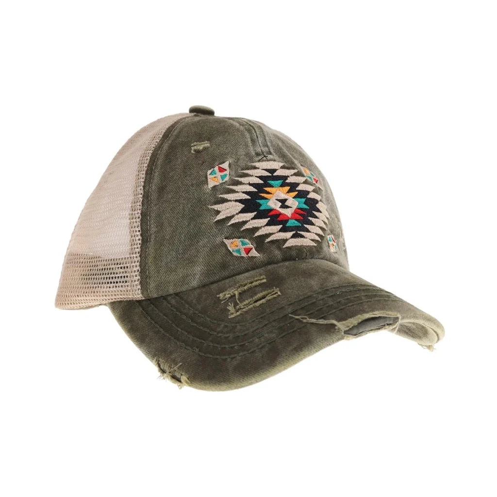 Distressed Aztec Patch Criss Cross High Pony C.C Ball Cap BT1018