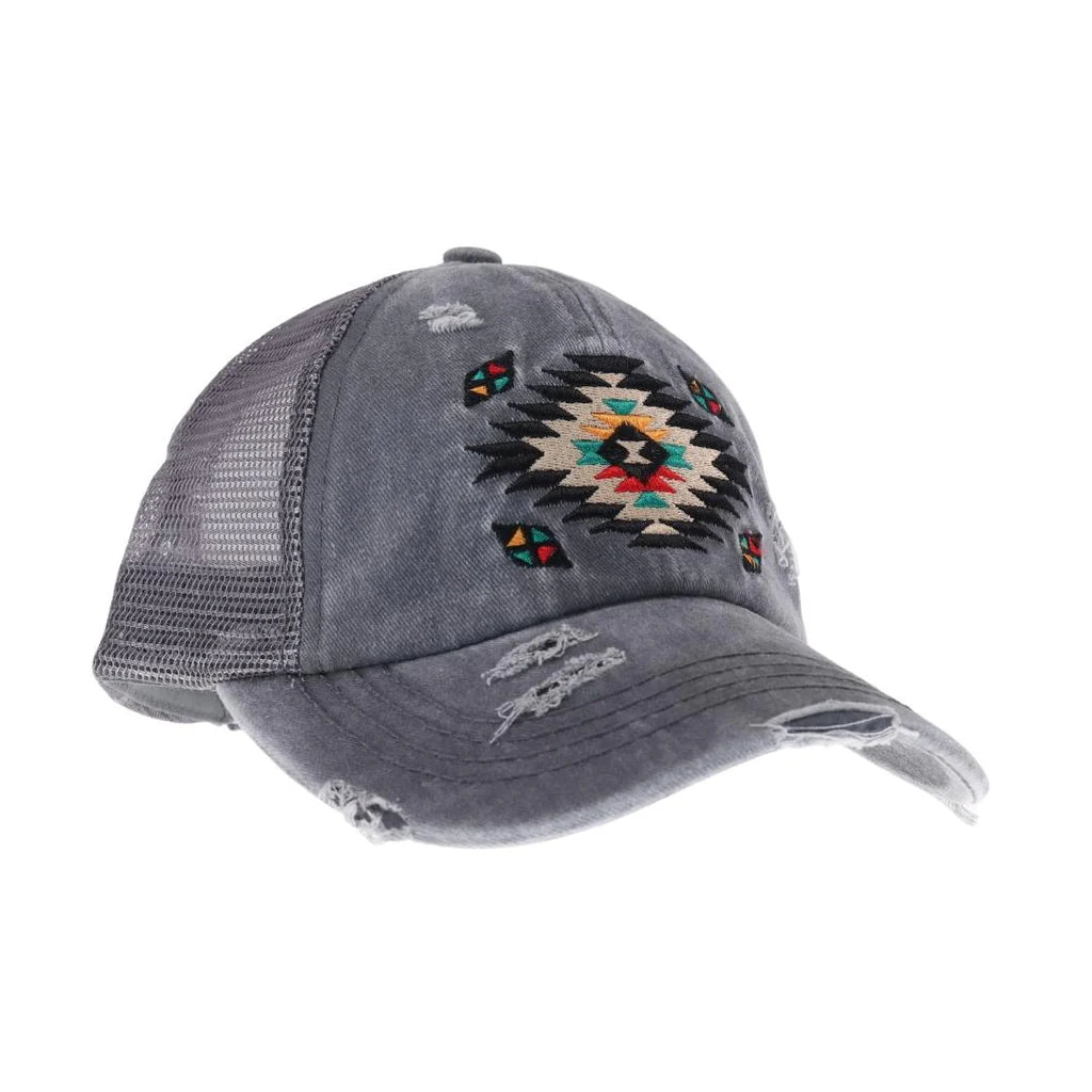 Distressed Aztec Patch Criss Cross High Pony C.C Ball Cap BT1018