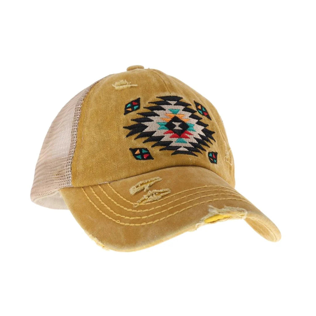 Distressed Aztec Patch Criss Cross High Pony C.C Ball Cap BT1018