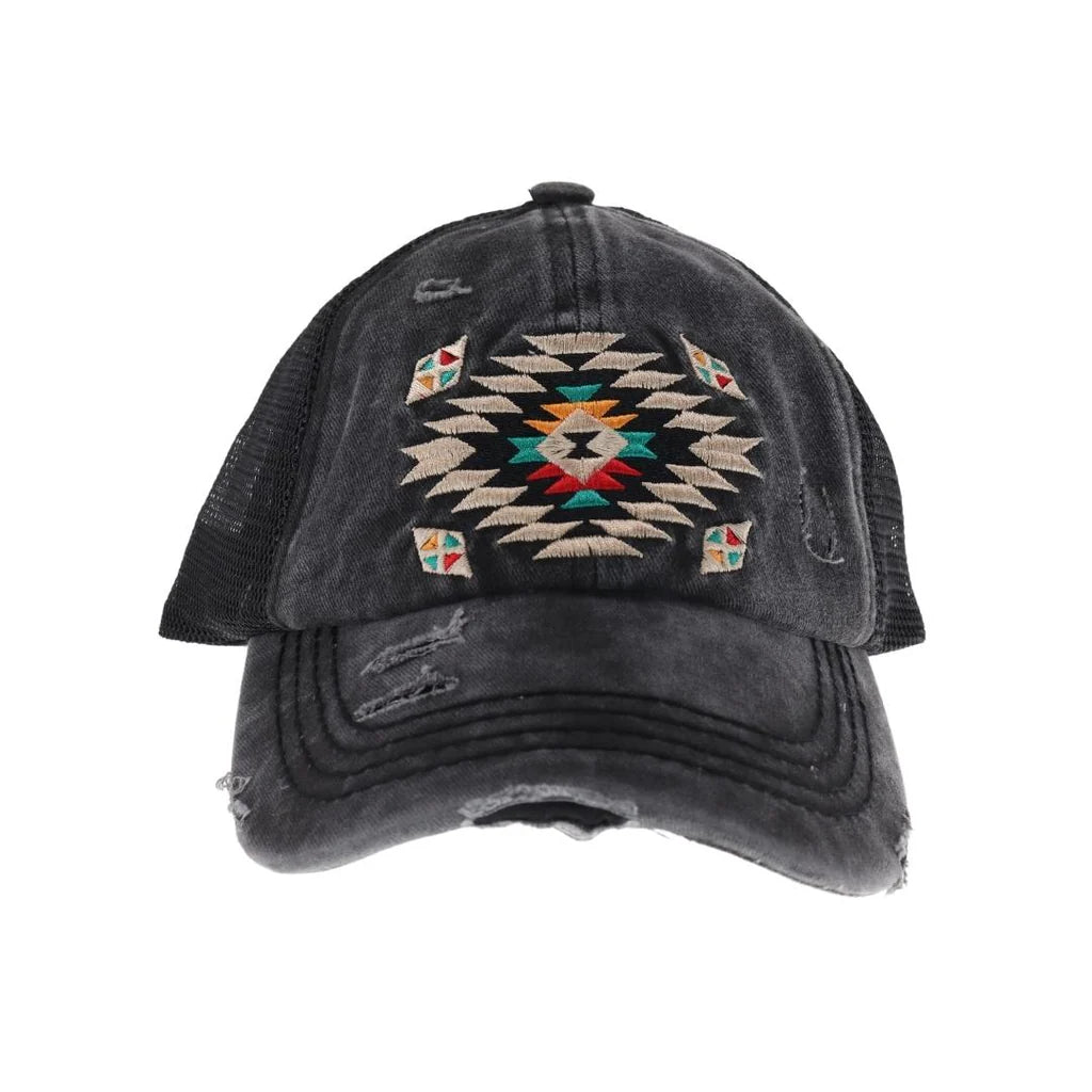 Distressed Aztec Patch Criss Cross High Pony C.C Ball Cap BT1018