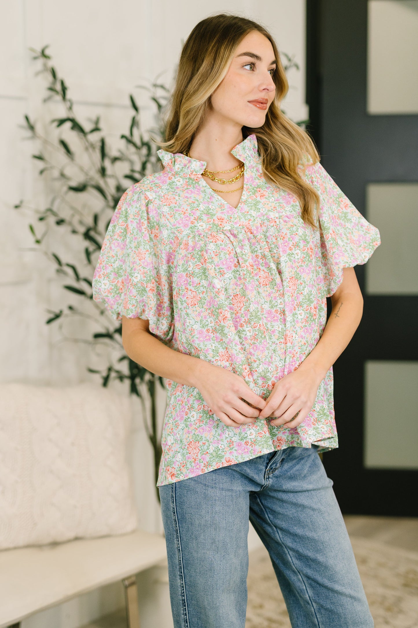 Flower Picking Notch Neck Blouse