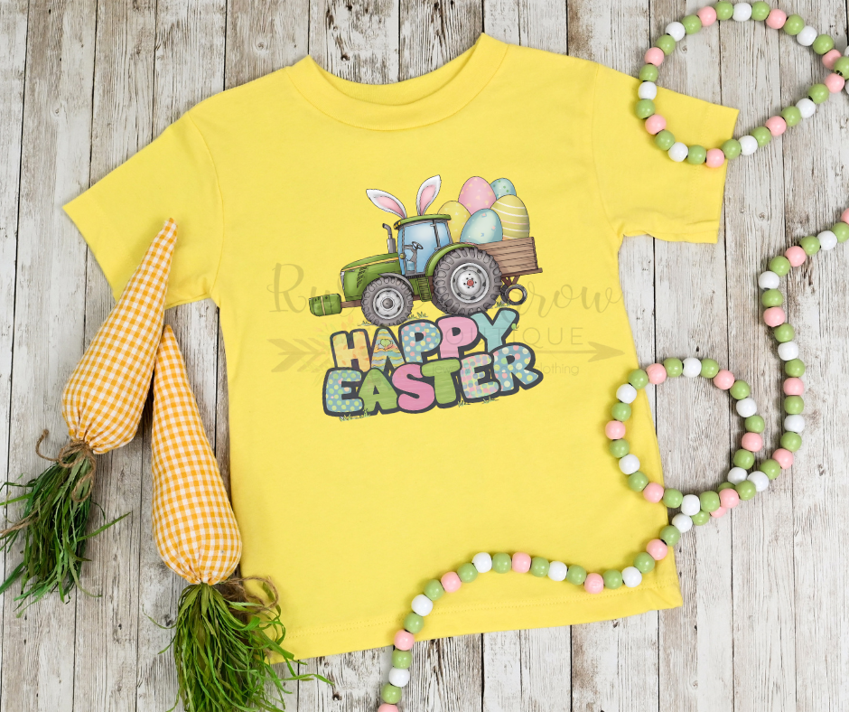 Happy Easter Tractor with Pastel Eggs