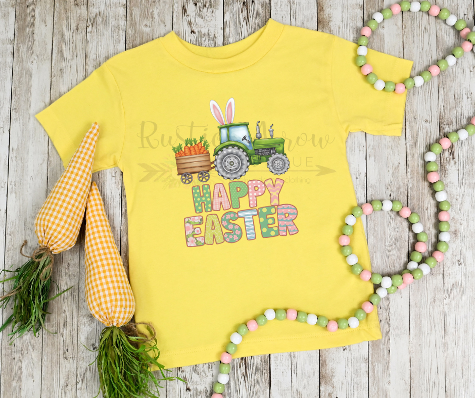 Happy Easter Tractor Pulling Trailer with Carrots