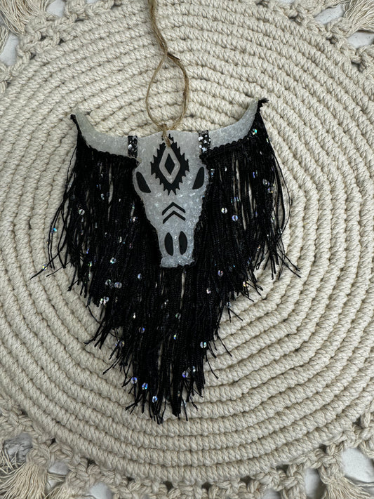 Cow Skull with Black Fringe