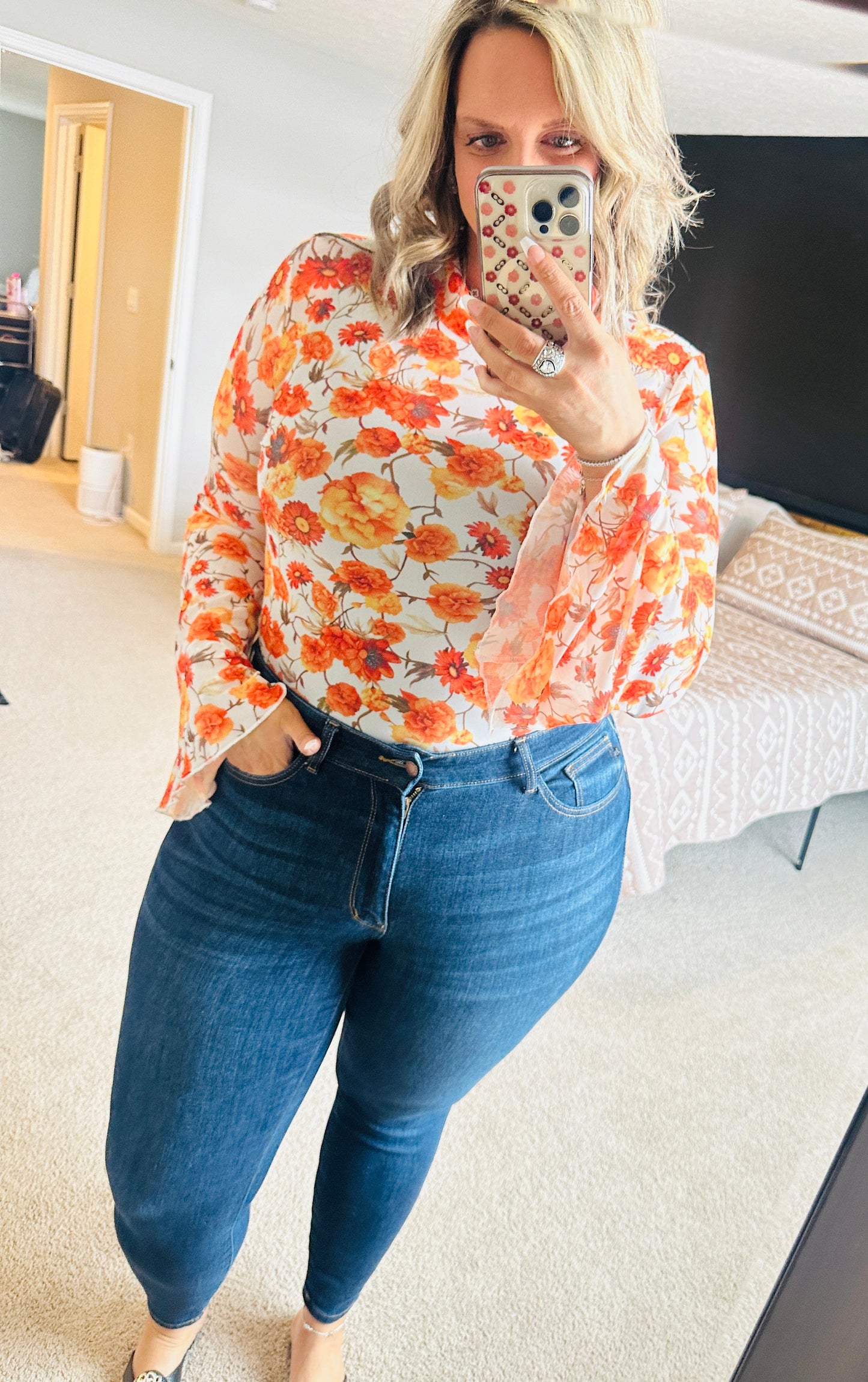 Orange Floral Mesh Boho Top