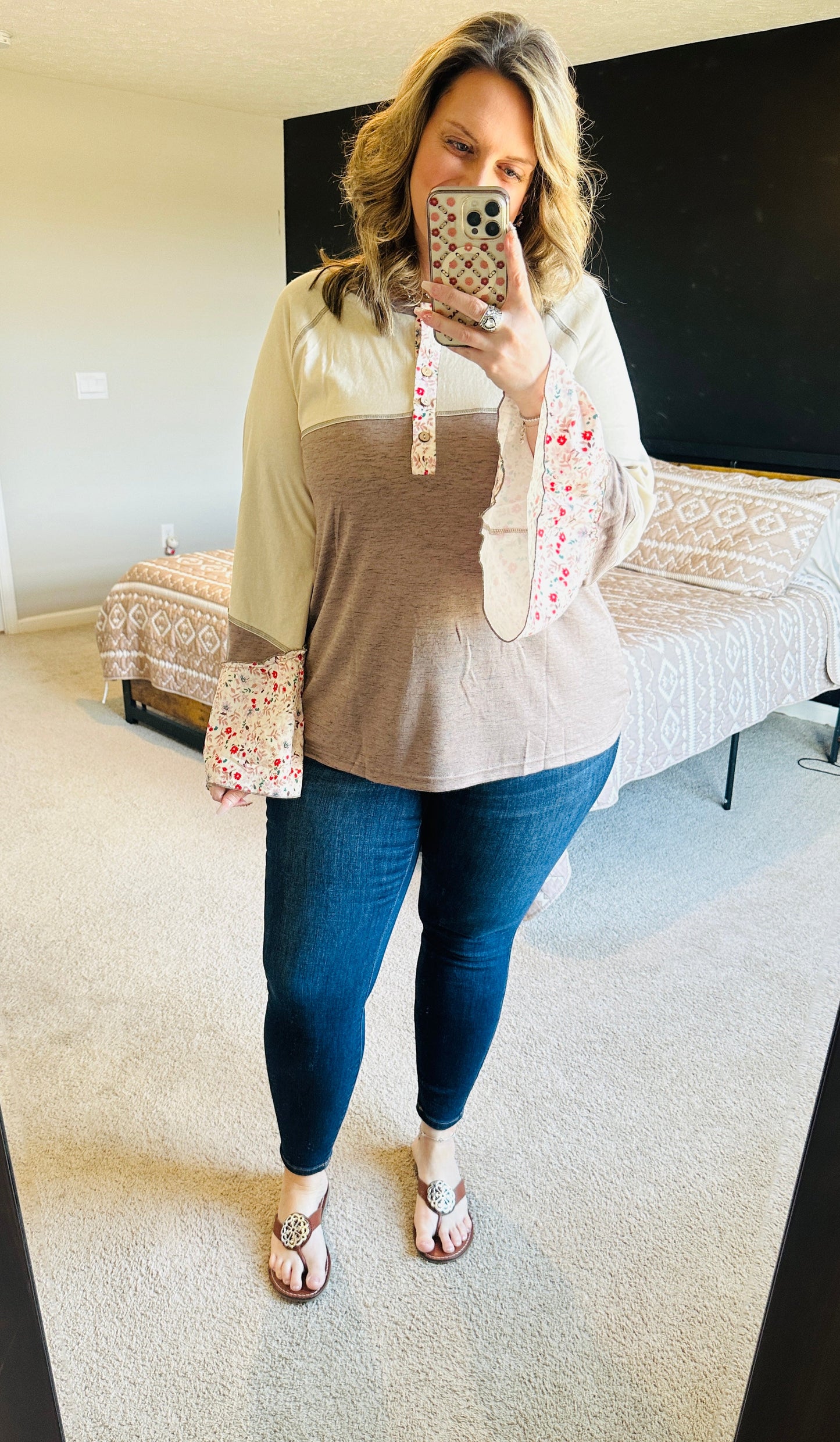 Boho Floral Bell Sleeve Henley Top