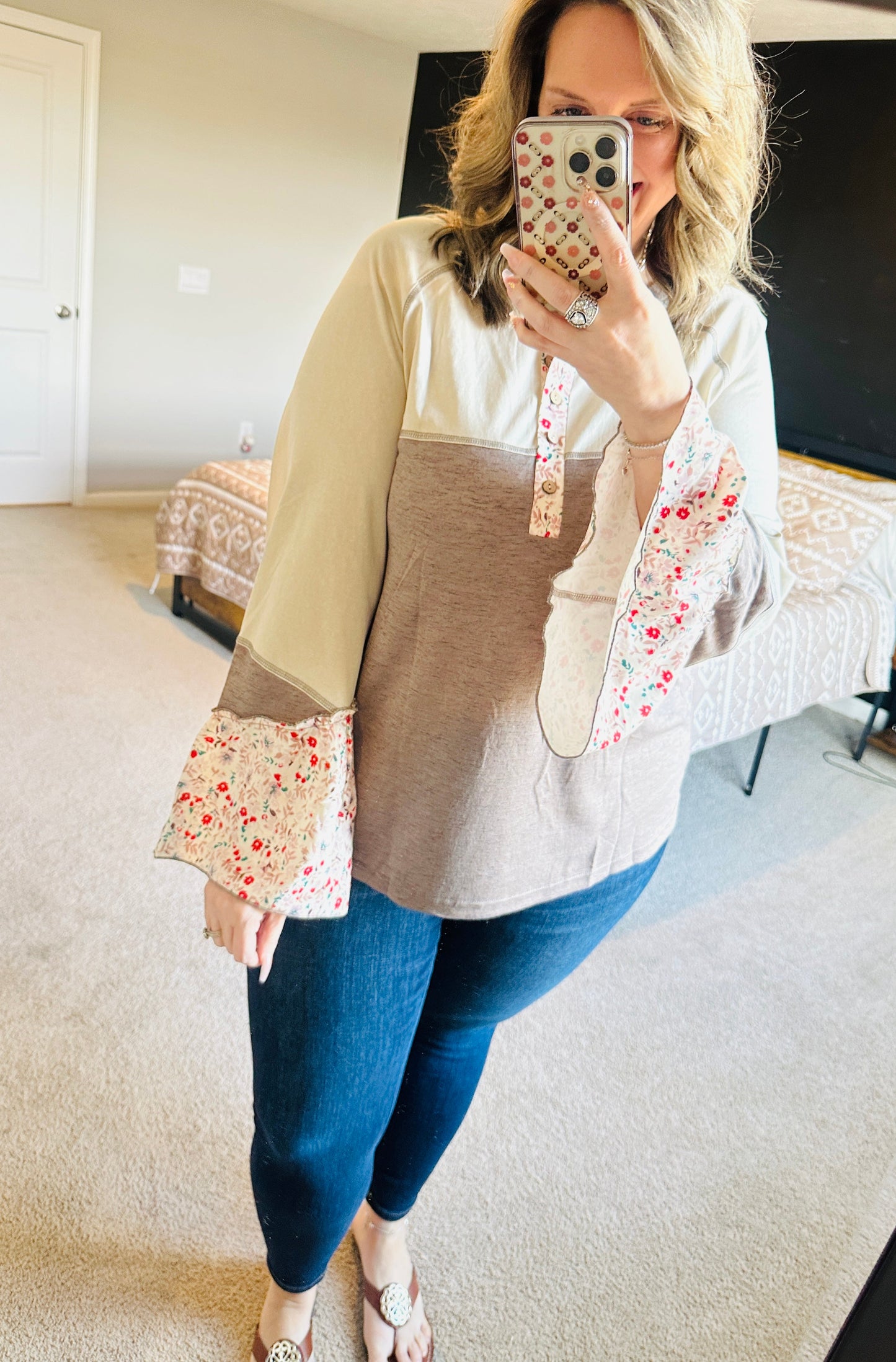 Boho Floral Bell Sleeve Henley Top