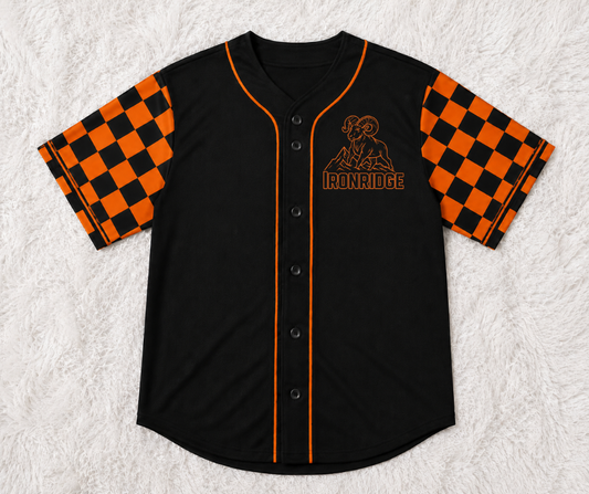 Pre-Order Baseball Shirt Ironridge Black Jersey, Orange and Black Sleeves