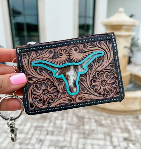 Longhorn Western Cowhide Leather Keychain Wallet