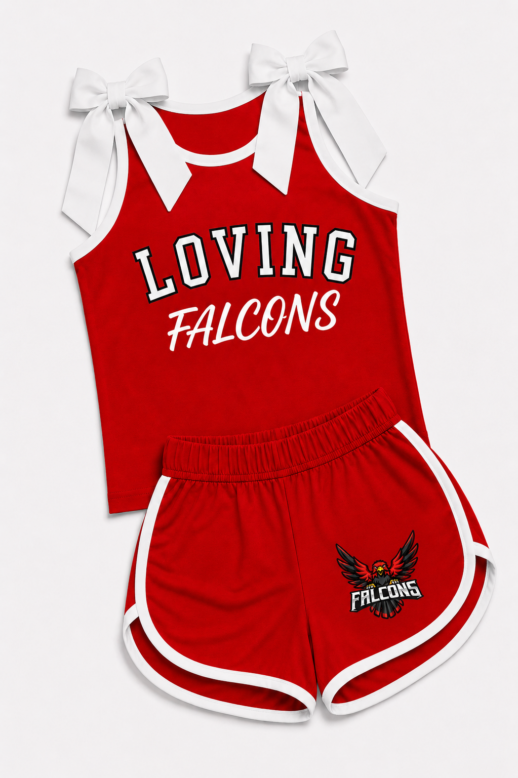 Pre-Order-Bowtie Tank & Shorts Cheer Set Loving Falcons Red and White