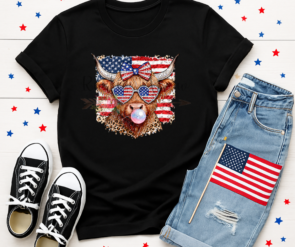 Patriotic Highland Cow with Flag