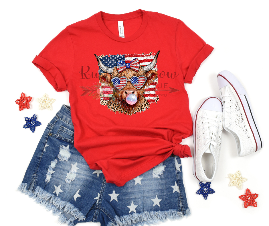 Patriotic Highland Cow with Flag