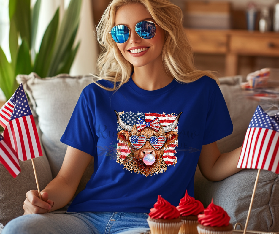 Patriotic Highland Cow with Flag