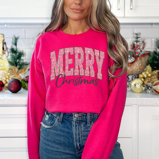 Pink Merry Christmas Faux Glitter-Short Sleeve