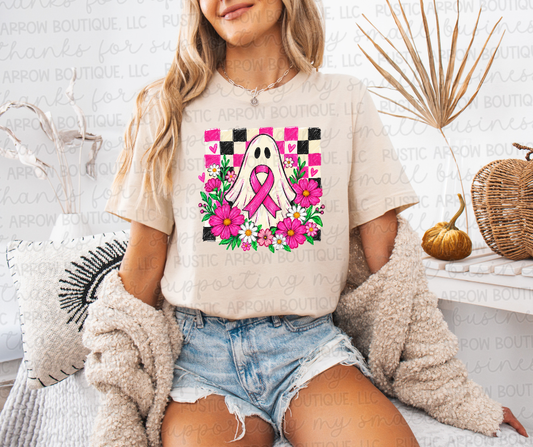 Pink Ribbon Ghost with Flowers