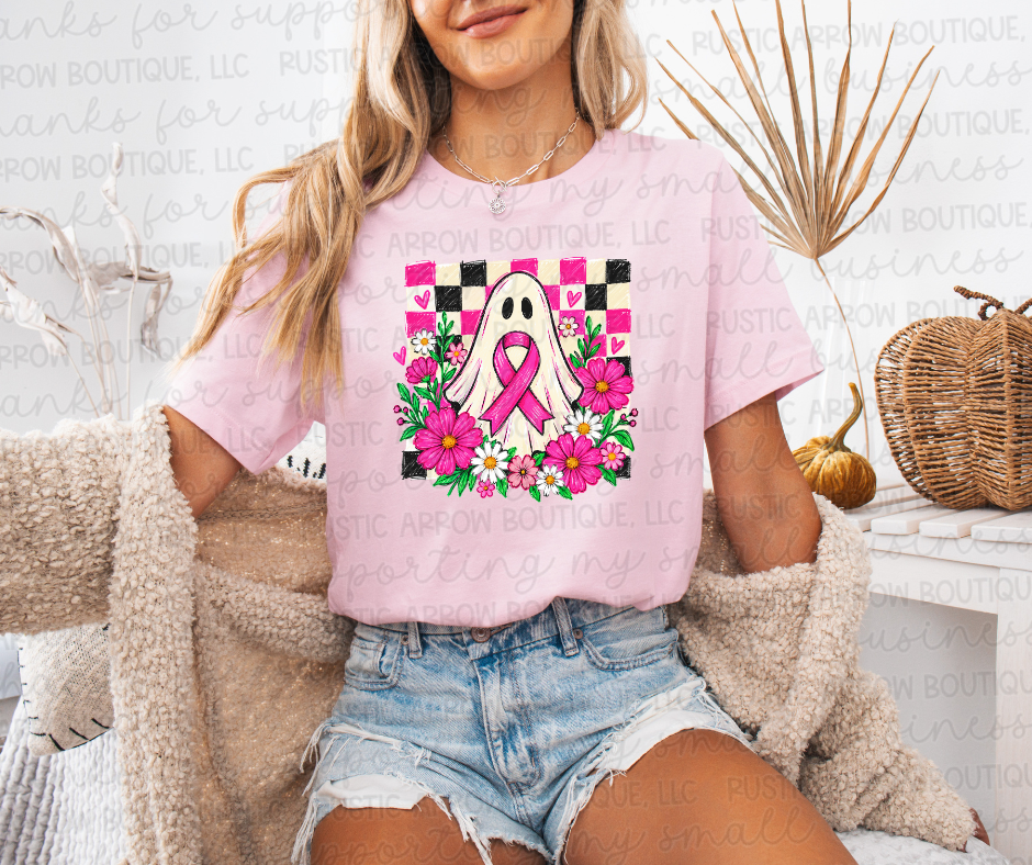 Pink Ribbon Ghost with Flowers